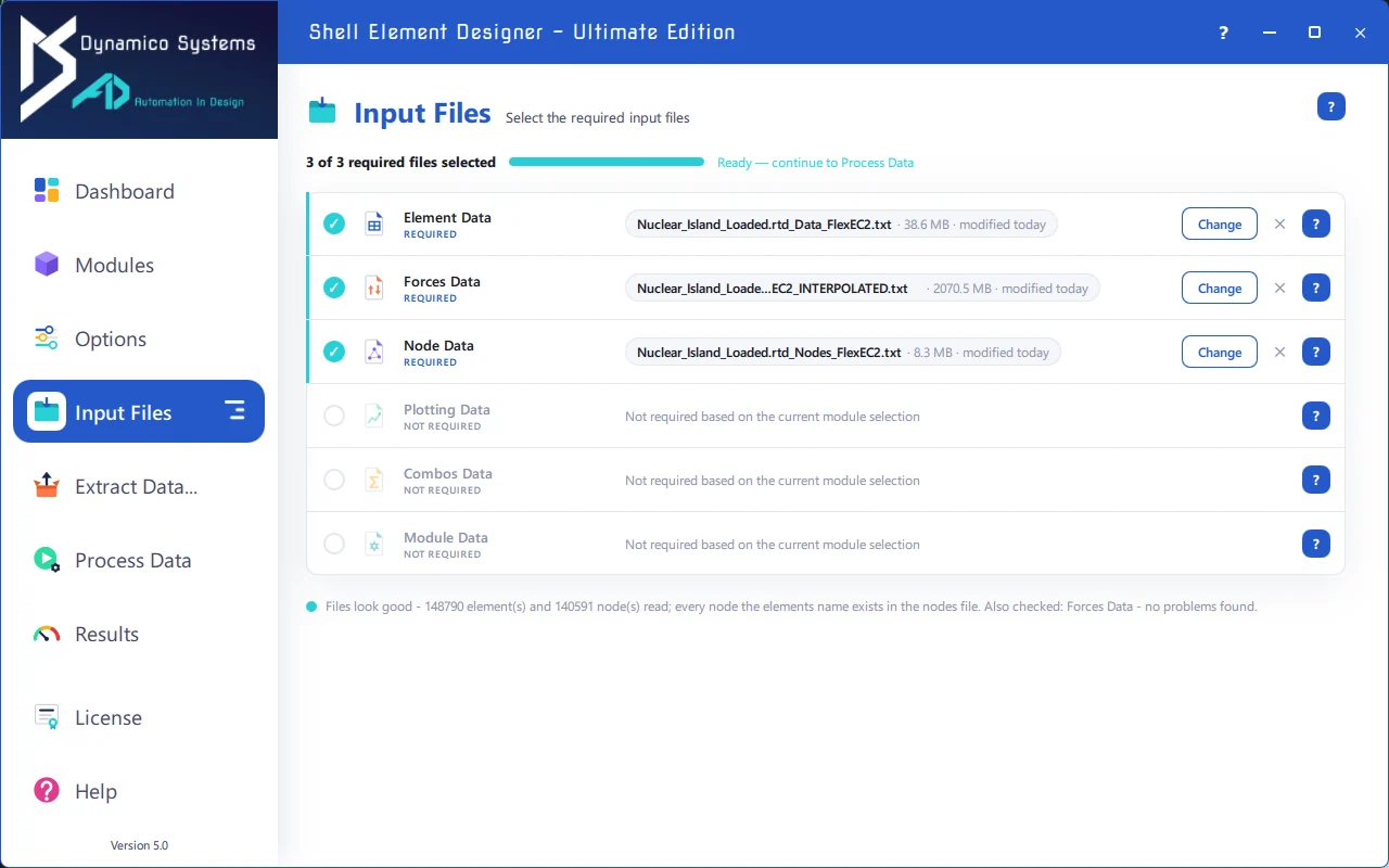 The Input Files page confirming 148,790 elements and 140,591 nodes read